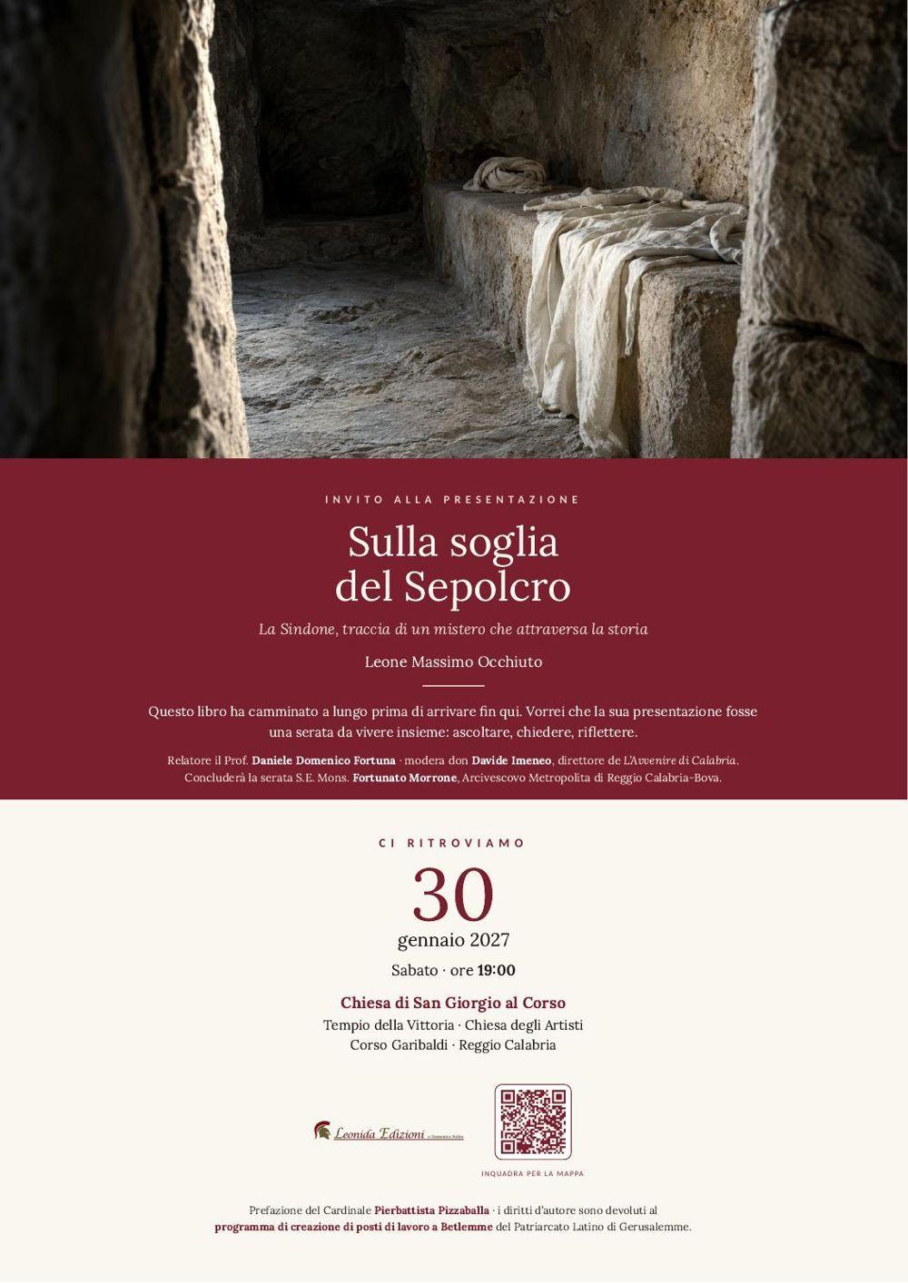 Locandina della presentazione di Sulla soglia del Sepolcro, sabato 30 gennaio 2027 alle 19 nella Chiesa di San Giorgio al Corso a Reggio Calabria